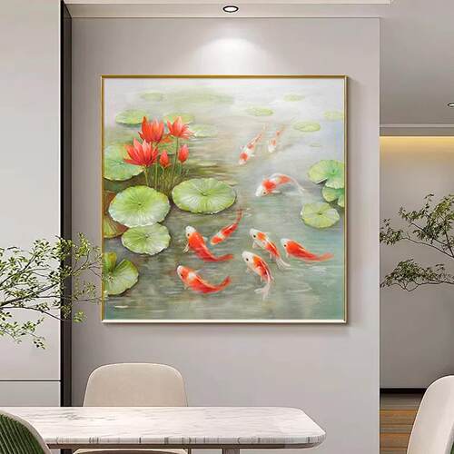 九鱼聚财图新中式饭厅装饰画寓意好荷花九鱼图画现代轻奢玄关挂画