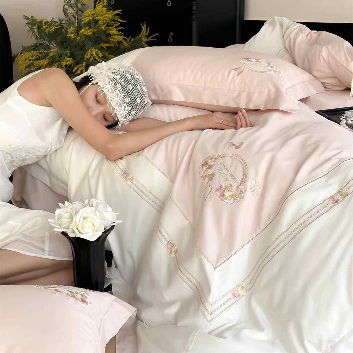 1法式轻奢浪漫风刺绣全棉亲肤床品四季纯棉长绒棉四件套家纺美杜