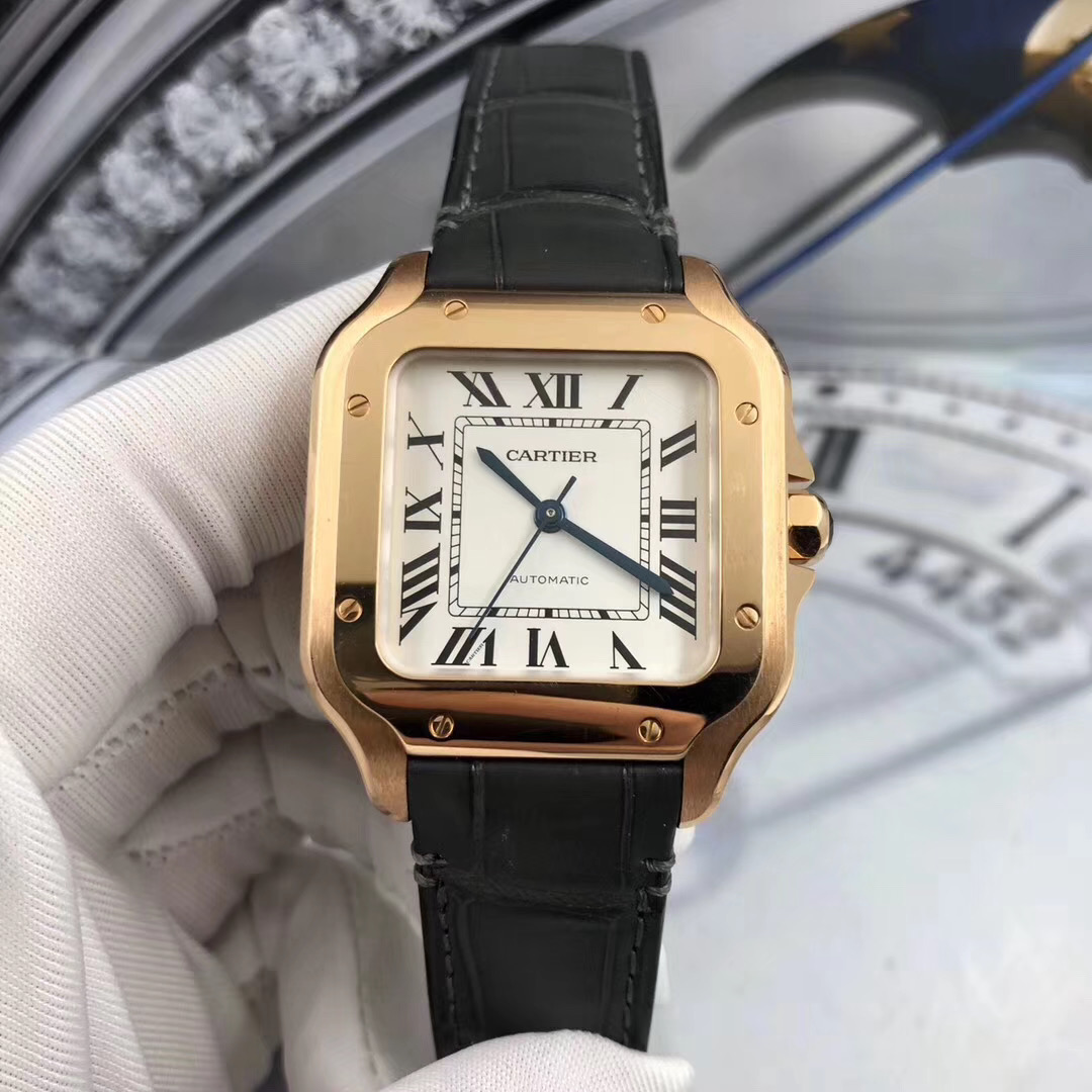 [9.8新]卡地亚山度士系列18K玫瑰金WGSA0012自动机械35.1mm男表