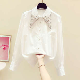 设计感钉珠镶钻衬衫女2025春秋新款韩版休闲显瘦气质纯色长袖衬衣