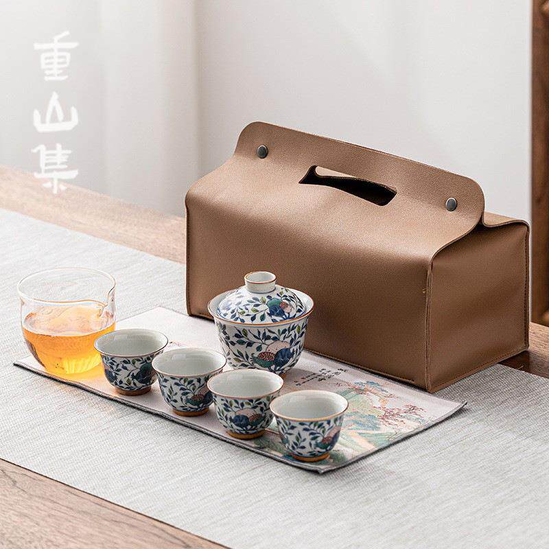 青花瓷旅行茶具套装便携式包户外随身车载小型功夫泡茶杯盖碗组合