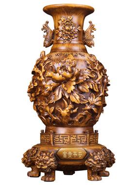 半手工雕刻花瓶摆件花开富贵木纹办公室装饰树脂工艺礼品