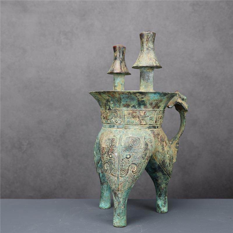 铜祥德博物馆古青铜器西周兽面纹斝摆件装饰品古玩酒器斝酒壶摆件