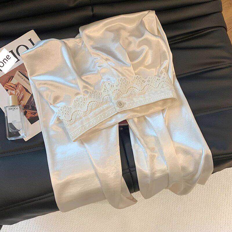 蕾丝拼接醋酸缎面阔腿裤女夏2025新款高腰宽松垂感高级休闲直筒裤