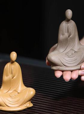 宜兴紫砂茶宠无相佛茶道茶具摆件青灰泥段泥小沙弥禅意小和尚可养