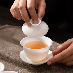 羊脂玉盖碗单个高档三才茶碗茶杯泡茶高端玉瓷白瓷功夫茶具三件套