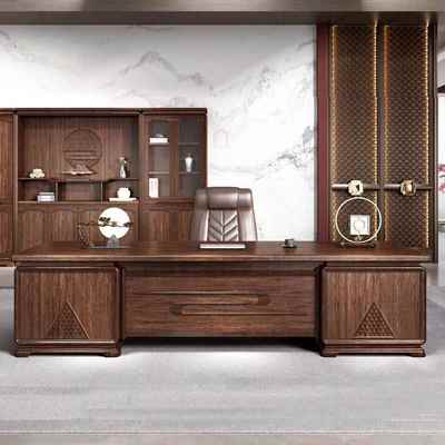 高端老板桌乌金木色办公桌新中式实木框架总裁桌现代新中式大班台