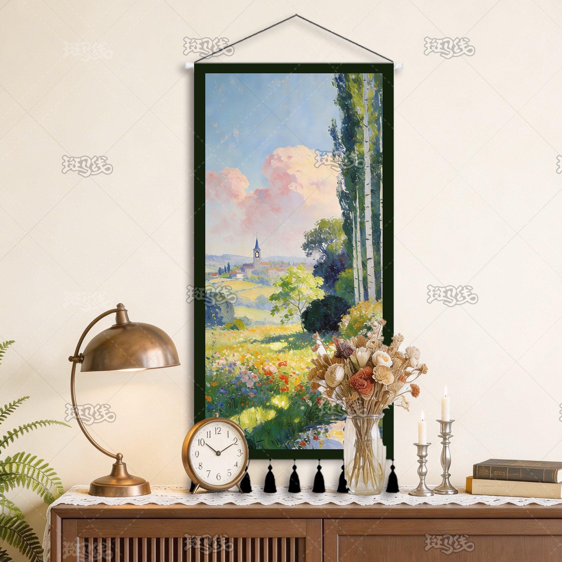 油画世界装饰挂画田园风光流苏花卉图案挂布挂毯入户进门玄关挂画