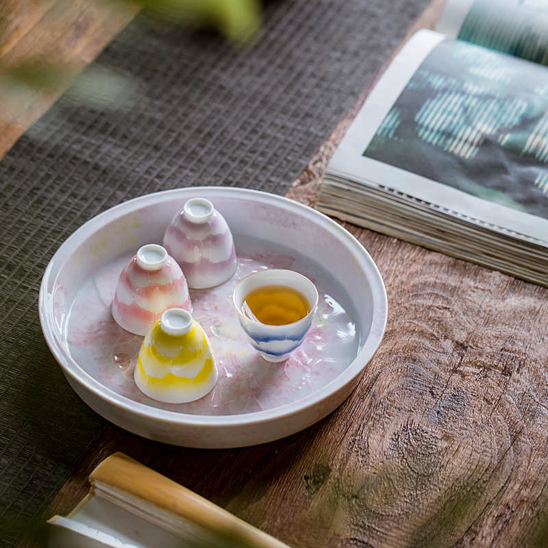 纯手绘桃粉浮雕荷花壶承干泡台家用陶瓷茶承托功夫茶具隔热养壶垫