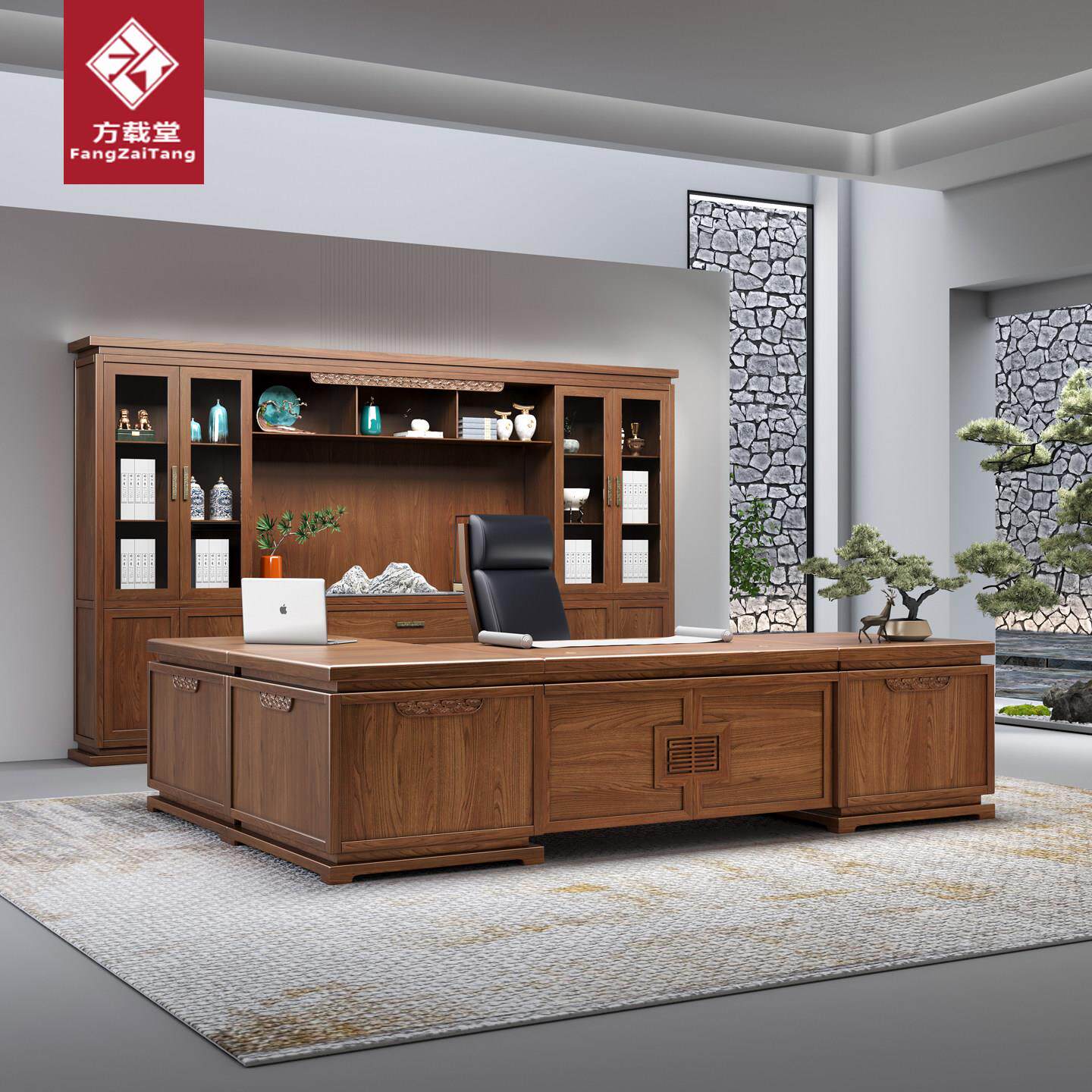 新中式老板桌椅组合实木总裁办公桌书柜高端办公室董事长大班台