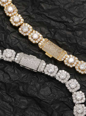 欧美嘻哈项链10mm方形冰糖锆石项链 铜镶满锆盒子扣花形男士项链