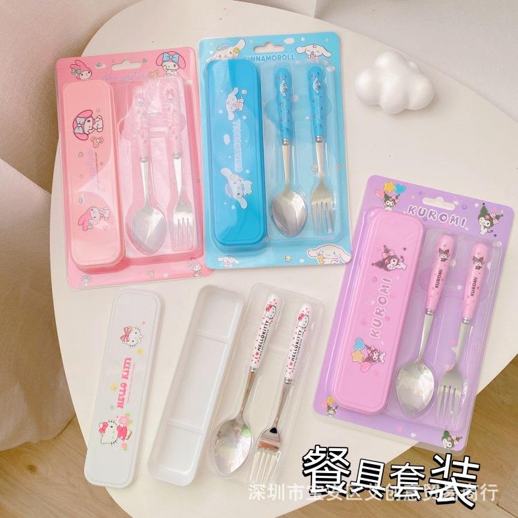新款卡通不锈钢餐具两件套便捷携带学生外出午餐餐具套装叉子勺子