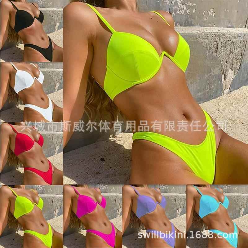 color solid swimsuit bikini sexy color split support steel