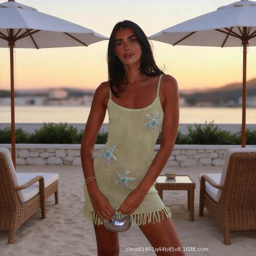 Women Fringe Starfish Beaded Knitted Mini Dress Y2k Knitted