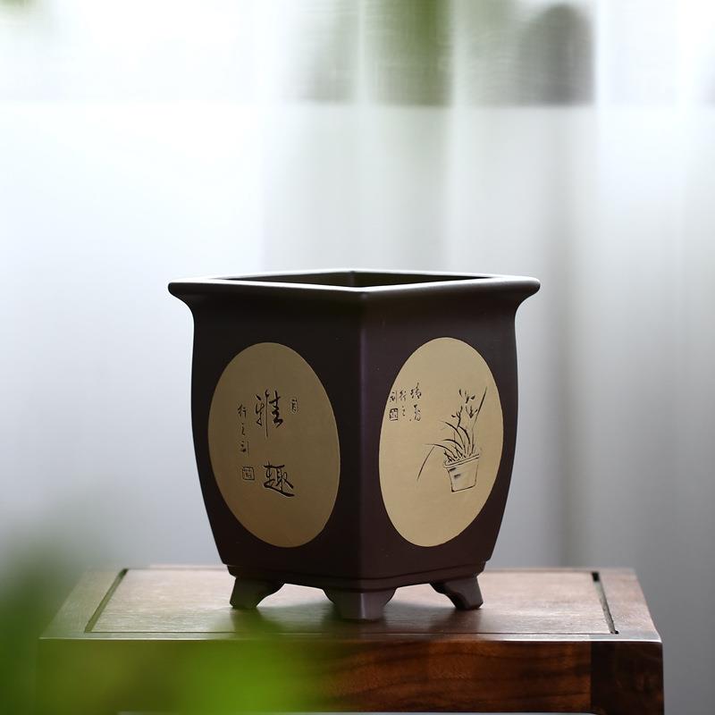 紫砂兰花盆名家蒯多辉款四方粉段泥浆精品正方形盆景盆觅陶乡