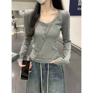 2026春秋新款T恤女桃心领钮扣正肩长袖鱼骨收腰打底内搭上衣0105w