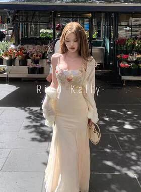 Rixo Kelly性感蕾丝网纱吊带连衣裙收腰修身显瘦气质鱼尾包臀长裙