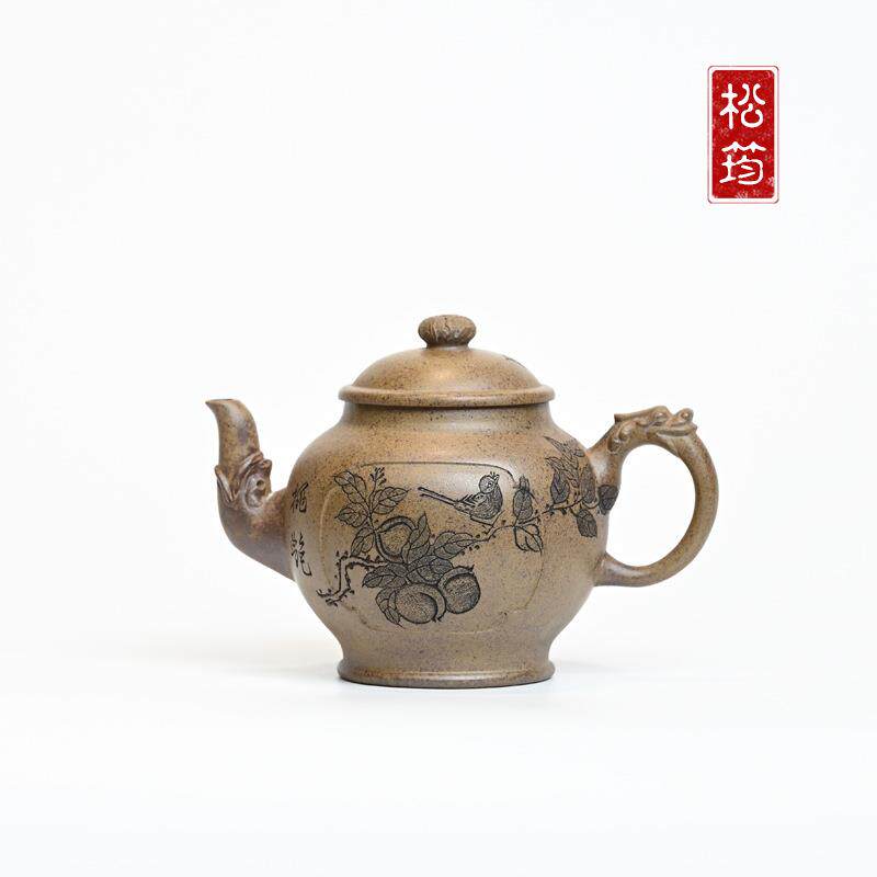 原矿沉香段寿桃祥龙290ml纯手工中式刻绘自用宜兴紫砂壶功夫泡茶