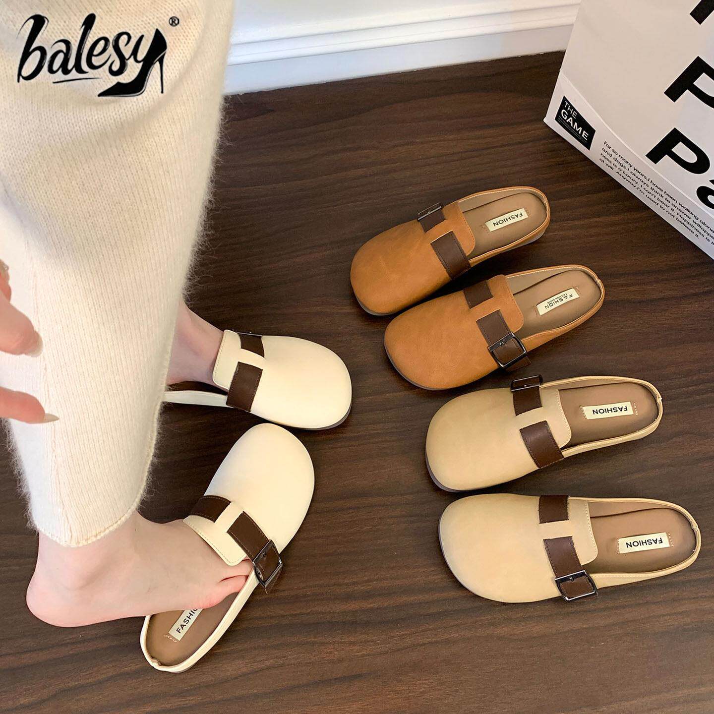 英国真皮平底勃肯鞋女夏外穿2026新款一脚蹬软底皮带扣包头半拖鞋