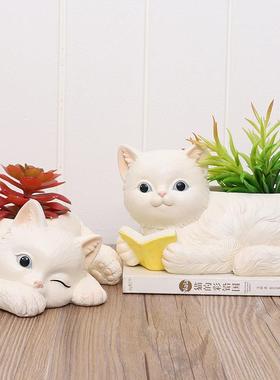 爆款创意仿真猫咪树脂多肉花盆玄关客厅摆件桌面个性收纳盒摆设