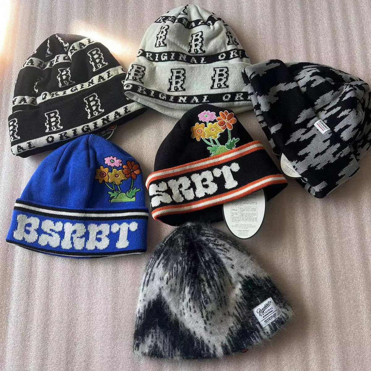 现货2324bsrabbit新款韩国针织毛线滑雪帽男女保暖logo纯色花纹图