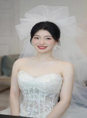 白色头纱新娘结婚主婚纱领证拍照道具造型蓬蓬松法式简单高级韩式
