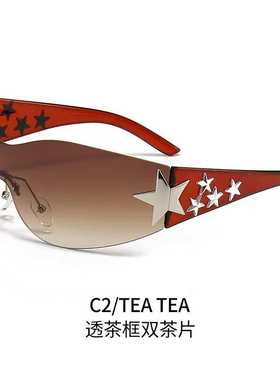 欧美跨境五角星眼镜太阳眼镜无框户外墨镜运动批发骑行连体四颗星
