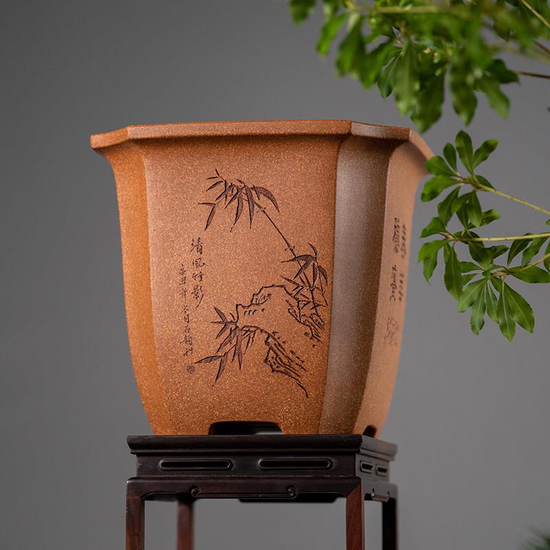 宜兴高档精品紫砂花盆兰花盆景专用盆名家许成安五彩段泥手工制作