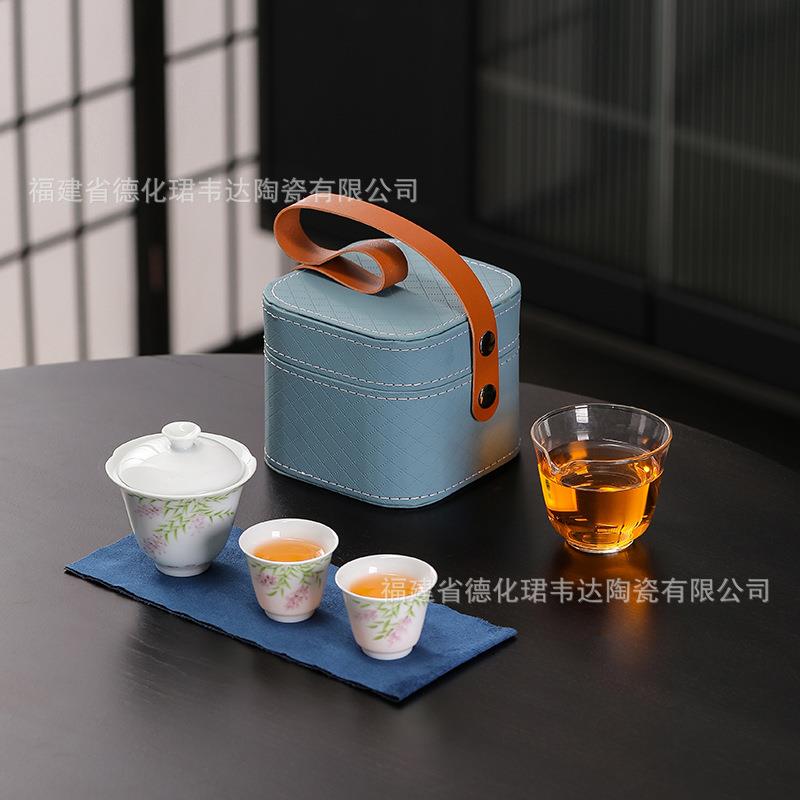 手绘紫藤花葵口小盖碗旅行茶具套装单人喝茶便携式快客杯一壶两杯