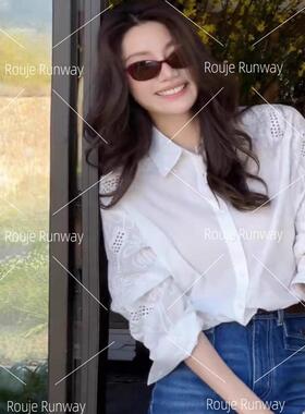 法式Rouje Runway宽松显瘦外穿白衬衫设计感拼接镂空法式翻领上衣