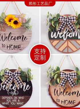 跨境木质门牌Welcome挂牌聚会圆形欢迎木制门前迎宾HOME蝴蝶结挂