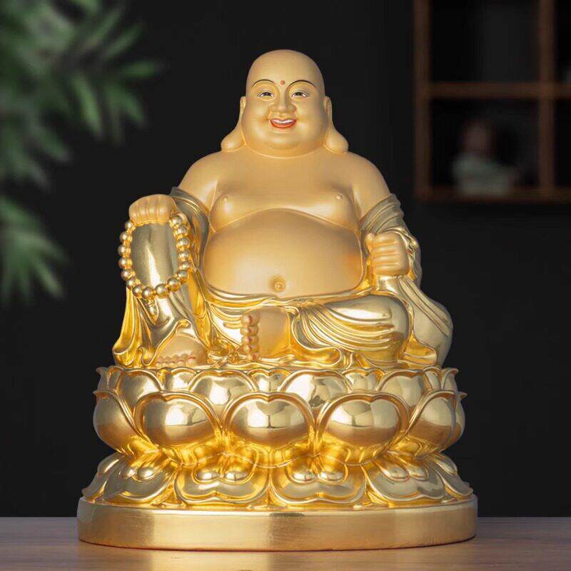纯铜贴金弥勒菩萨佛像大肚开心笑佛家用佛堂招财供奉摆件