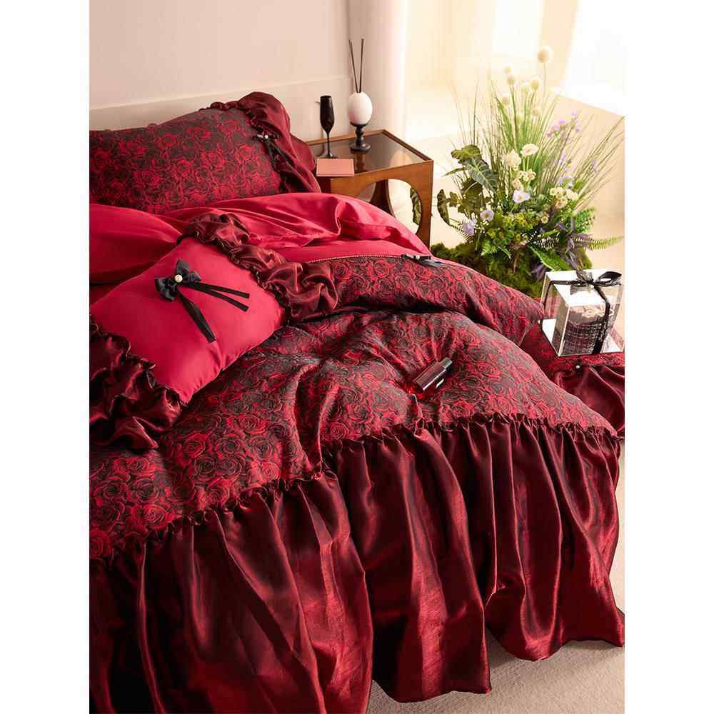 法国浪漫玫瑰提花婚礼四件套60支长绒棉印花红色婚纱裙被套床单