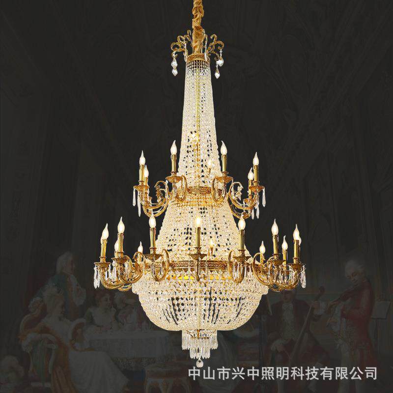 法式复式楼客厅大吊灯欧式别墅大厅奢华灯饰全铜别墅水晶挑空灯具