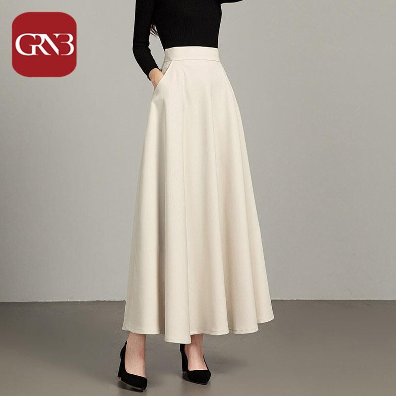 GRNB2026春夏百搭纯色半身裙女气质高腰a字大摆裙大码百褶长裙子