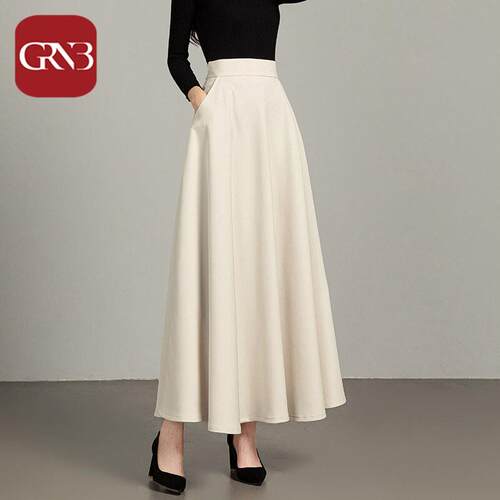 GRNB2026春夏百搭纯色半身裙女气质高腰a字大摆裙大码百褶长裙子