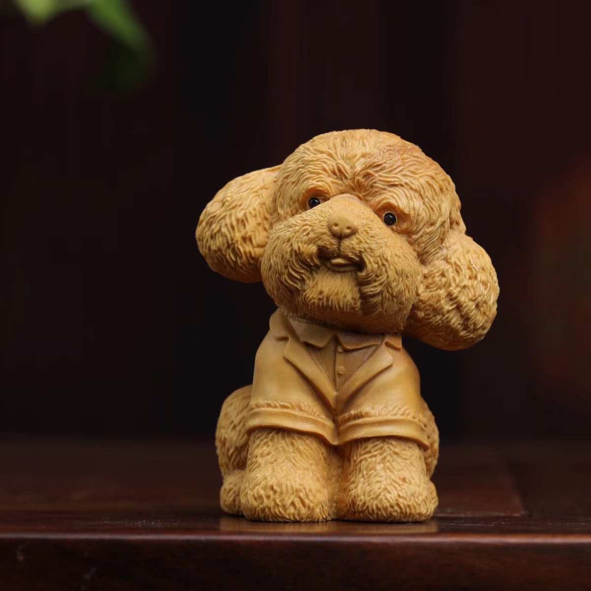 黄杨木创意动物手把件实木可爱狗雕刻工艺品生肖木雕摆件小件泰迪