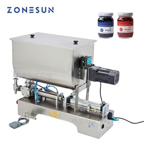ZONESUN 单头带搅拌粘稠膏液灌装机 辣椒酱蒜蓉芝麻酱气动灌装机