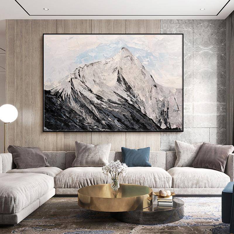 现代简约风格客厅装饰画雪峰风景挂画长方形灰白色山川后现代油画图片