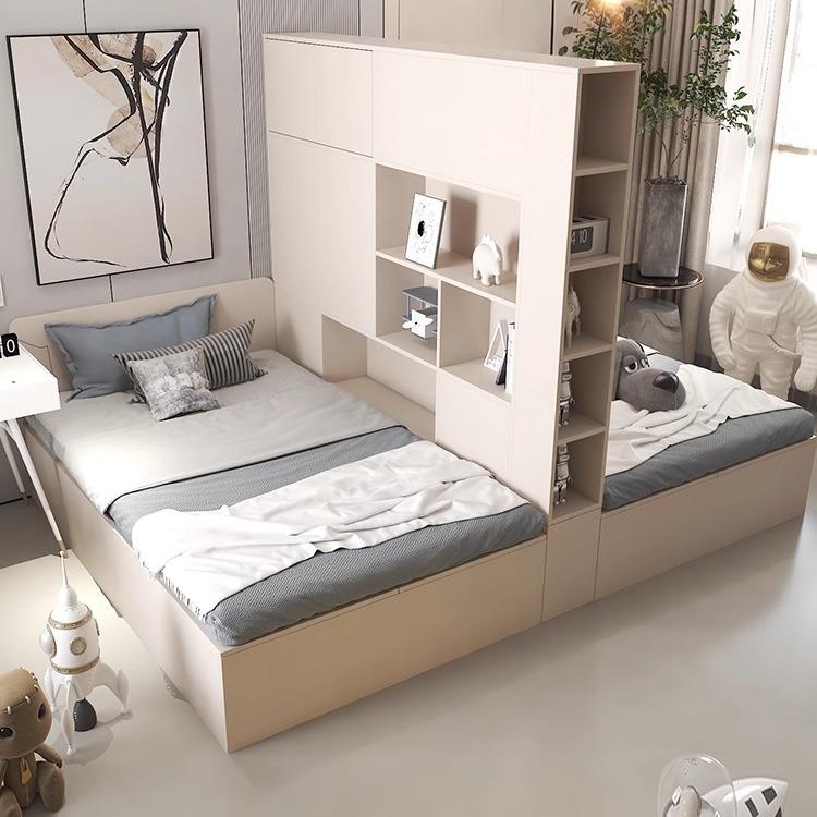 互不干扰姐弟床子母床双人床小户型带隔断的床奶油风儿童房收纳床