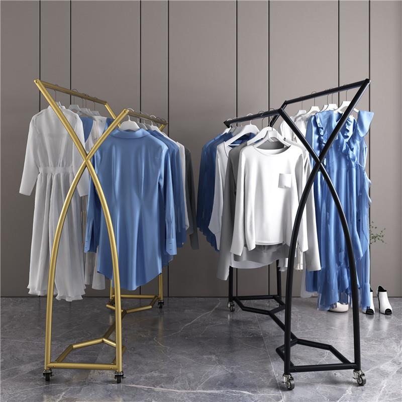 服装店双杆中岛展示架女装店中间货架移动带轮展会双排挂衣服架子