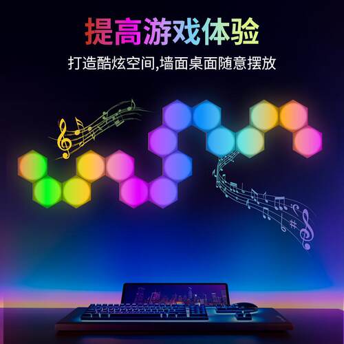 氛围灯拾音律动炫彩自由拼接电竞房客厅paty超薄六角壁灯声控