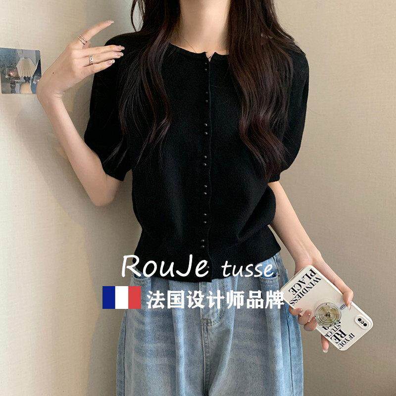 法国Rouje tusse钉珠单排扣短袖针织上衣遮肚子显瘦洋气泡泡袖t恤