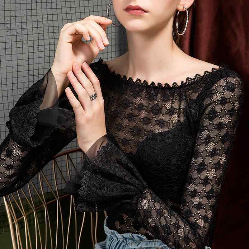 秋季新款一字领露肩蕾丝打底衫女修身喇叭袖洋气长袖欧货小衫,女装/女士精品,衬衫,淘宝优惠券,粉丝福利购,淘宝优惠卷