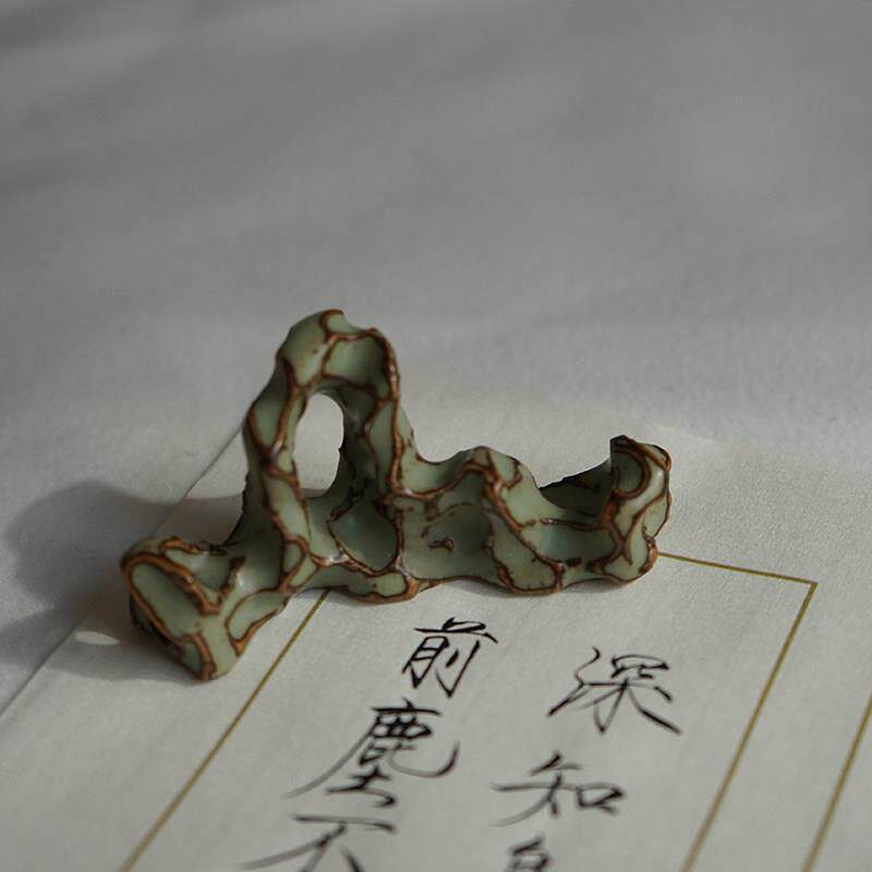 长乐记 远山 彷太湖石陶瓷笔搁茶搁茶文房摆件毛笔架山笔托 托摆