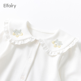 elfairy宝宝打底衫女童，娃娃领衬衣白色婴儿，春装上衣儿童纯棉衬衫