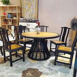 实木贴皮中式 饭桌圆形餐桌 白蜡木餐桌椅家用圆桌加餐椅套装 新中式