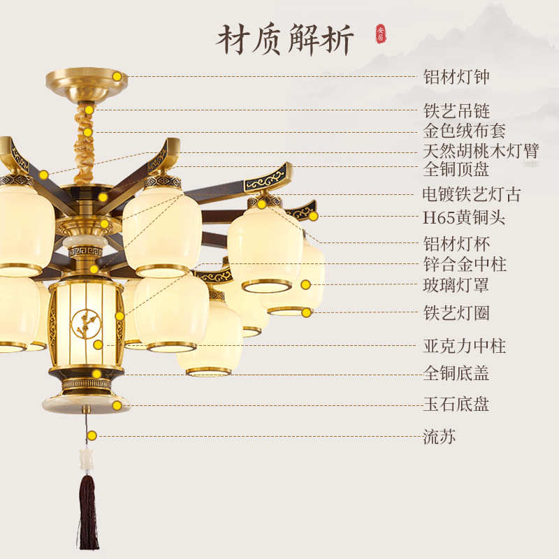 全铜新中式吊灯客厅灯2025新款中国风红木卧室书房中山大厅玉石灯