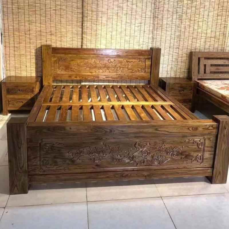 北方老榆木床NRV木床简人大料储物箱体实床单人硬约板双床榫卯厂