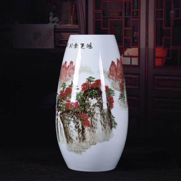 景德镇陶瓷花瓶插花客厅装饰品手绘五彩山水新中式家居电视柜摆件